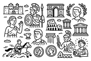 Ancient Rome doodle set with Colosseum, Roman soldiers, statues, laurel wreath, and architecture, Transparent Background