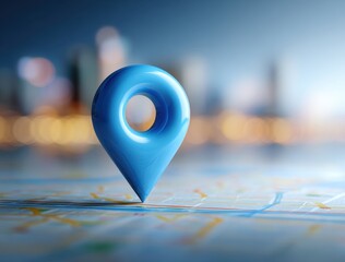 Close up of a blue location pin on a detailed map with blurred cityscape