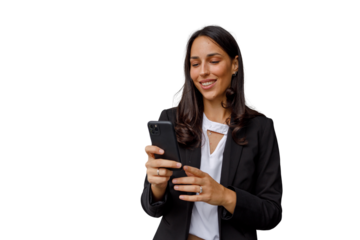 Happy young businesswoman using a mobile phone, texting, or scrolling on a smartphone with a transparent background
