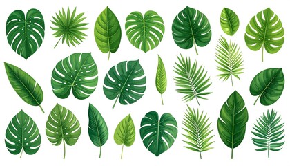Assorted illustrations of detailed tropical foliage, depicting various shapes and styles of vibrant green leaves with intricate veins