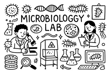 Microbiology lab doodle with scientist, bacteria, and laboratory equipment icons, Transparent Background