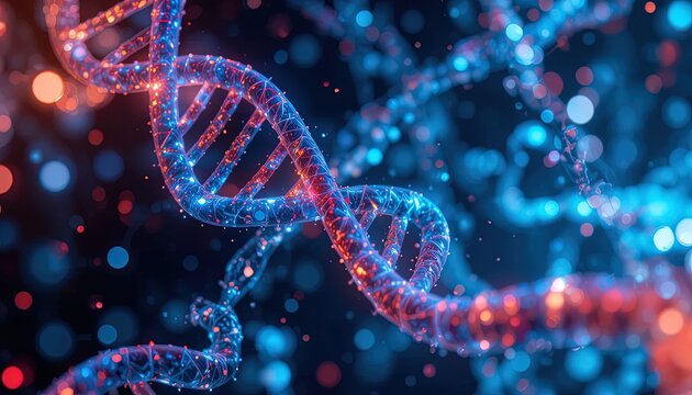Stunning, vibrant DNA double helix model illuminated with glowing particles for science, medical research, and technology concepts in modern design