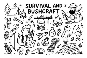 Survival and bushcraft doodle with camping, tools, and outdoor adventure icons, Transparent Background