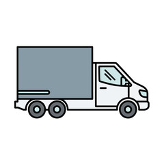 Illustration of a white delivery truck with a gray cargo box, side view, isolated.