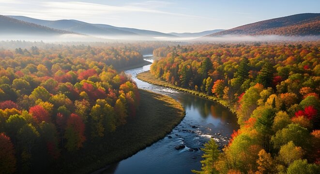 Aerial view autumn forest river landscape scenic nature photography