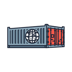 Global shipping container with a world map icon, representing international logistics and freight transport.