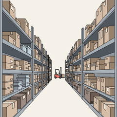 Illustration of a warehouse aisle with tall shelves full of cardboard boxes and a forklift in the distance.