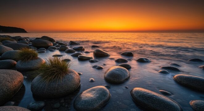 Rocky shore at sunset, golden light on water, plants on stones