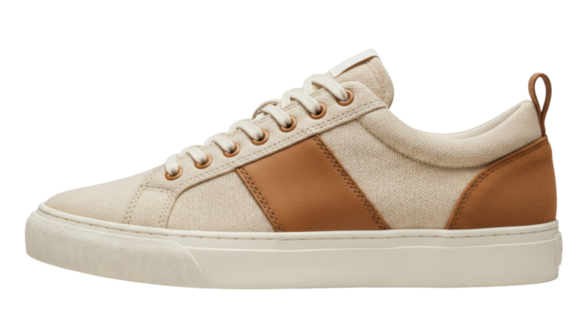 Isolated stylish tan-and-brown canvas sneaker for casual wear, perfect for a sporty look.