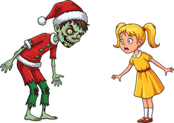 Scary zombie Santa with green skin and frightened blonde girl in yellow dress festive horror Christmas cartoon scene, cad drawing flat vector illustration