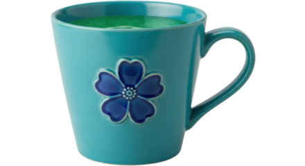 Isolated Teal Cup with Blue Flower Decoration and Green Liquid is Perfect for Beverages