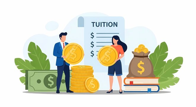 People managing student loan debt payments discussing university tuition costs and academic finance planning with gold coins and savings helping students pay school fees while achieving future