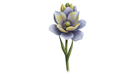 Isolated elegant blue-and-yellow flower blossom on green stem, floral botanical design art