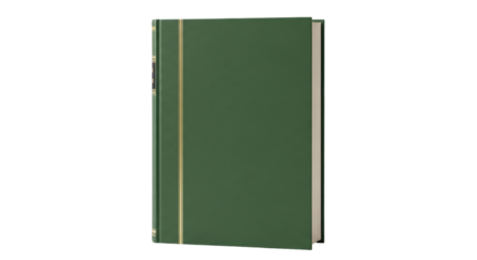 Isolated green book with gold lines stands upright for library, education or literature