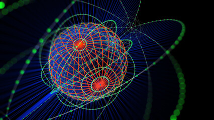 Abstract big data sphere with grid circles in 3D digital cyberspace data defocus. Quantum computing concept on dark background. Blockchain from circles points сoncept. Artificial intelligence design.