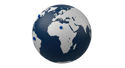 Isolated globe mockup showing Europe, Africa, the Americas, with blue location pins, 3D