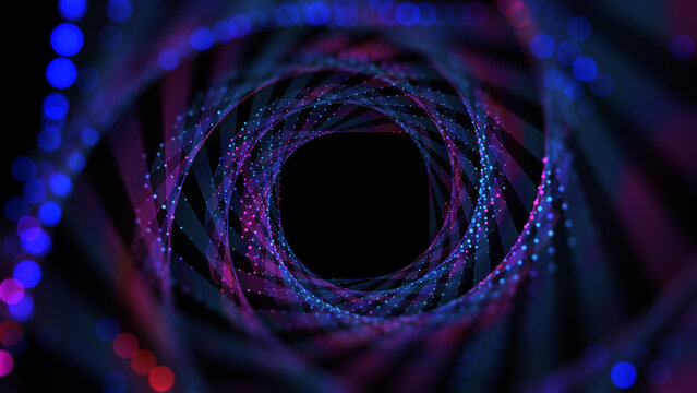 Abstract background with color grid and dots spiral tunnel twist defocus.