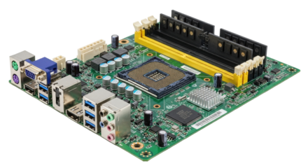Isolated computer motherboard, circuit board with processor socket, memory slots, and I/O ports