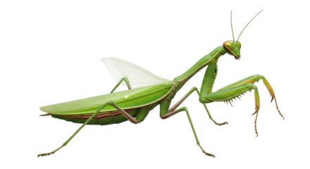 Isolated praying mantis insect close-up, a green ambush predator with spiky forelegs and antennae