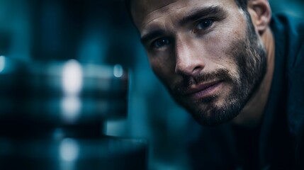 A skilled male technician intensely focuses on inspecting a metal component in a dimly lit industrial workshop