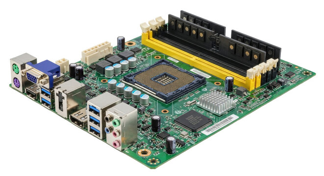 Isolated computer motherboard, circuit board with processor socket, memory slots, and I/O ports