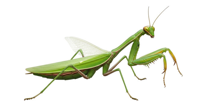Isolated praying mantis insect close-up, a green ambush predator with spiky forelegs and antennae