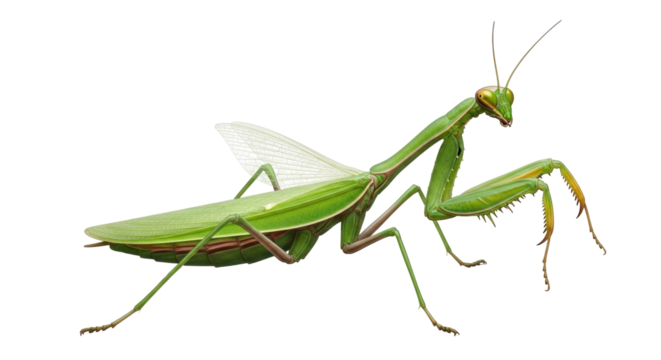 Isolated praying mantis insect close-up, a green ambush predator with spiky forelegs and antennae
