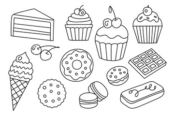 Delicious sweet treats line art collection featuring cakes cookies ice cream and more