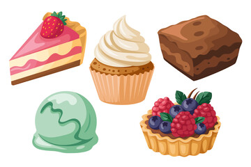 Delicious assortment of desserts including cake cupcake brownie ice cream and fruit tart