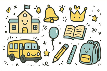 School Doodle Icons. School doodle icon set: hand drawn icons of school building with smile, bell, bus, crown, star, balloon, book