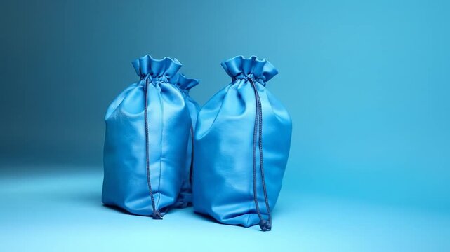 Two vibrant blue drawstring bags against a bright backdrop