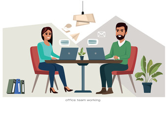 Flat vector illustration of diverse office team working together on a project