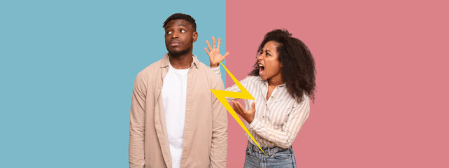 A colorful collage depicts a couple in a heated discussion. One partner looks away, while the other expresses frustration. The backdrop features contrasting colors, enhancing their emotions.