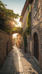 Obraz premium Sunlight filters through narrow medieval cobblestone alleyway lined with stone buildings in italy illustration