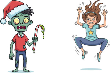 Zombie Christmas cartoon, scary festive monster, frightened girl running, horror holiday humor, Halloween Santa zombie, candy cane slime, cad drawing flat vector illustration