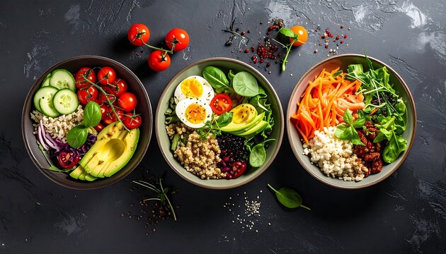 Delicious and Healthy Colorful Bowls with Variety of Fresh Ingredients on Dark Background