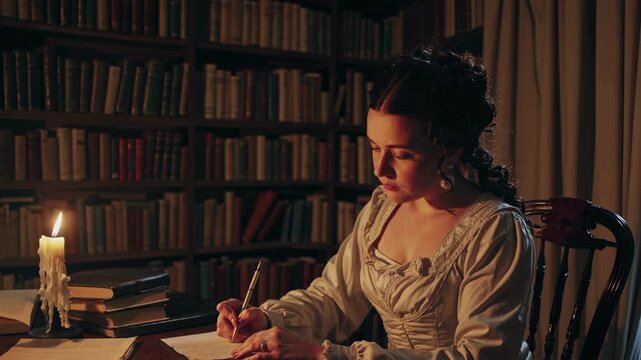 A vintage-style video scene of a woman writing by candlelight in a library. Captured from a side angle, it evokes a historical and contemplative mood. Live desktop wallpaper.