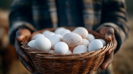 A close up of a farmer s hands holding a rustic basket brimming with fresh raw eggs bathed in soft light