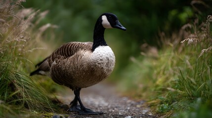 Fototapeta premium A Canada Goose stands on a gravel path surrounded by tall green grass and foliage