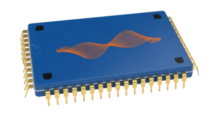 Isolated Electronic Microcontroller Chip with Pins for PCB Connection and Graphic Pattern