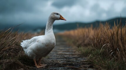 Fototapeta premium A white goose stands on a rural path between dry grass fields under a cloudy sky