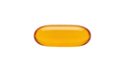 Isolated golden Omega 3 softgel capsule supplement vitamin, golden yellow oval form