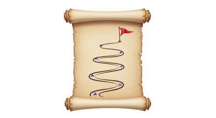 Isolated Old parchment map with red flag and blue checkpoints shows winding road route