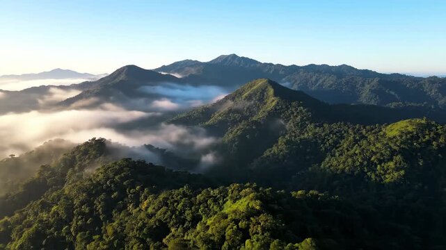 Dynamic timelapse showcases thick fog and mist majestically rolling over a lush green island mountain range thick fog, environment, cloudscape