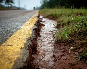 Close-up of a damaged road edge with cracked asphalt and muddy roadside in daylight