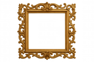 Ornate gold antique frame with intricate scrollwork, vintage elegance border, transparent background