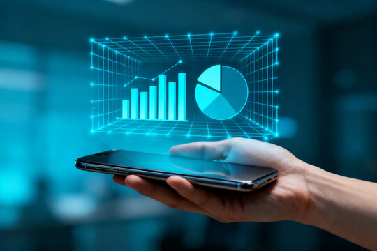 Hand holding smartphone with holographic data