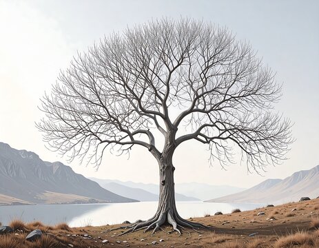 Bare tree by a lake - Powered by Adobe