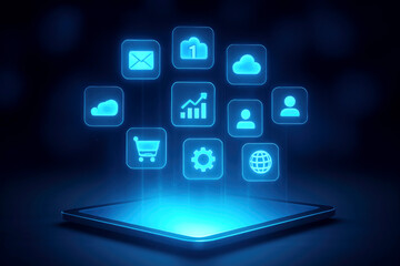 Tablet projecting glowing blue digital interface with APP icons into darkness 