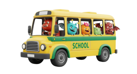 Isolated yellow school bus with cartoon monsters driving, transportation, children, fun 3d render